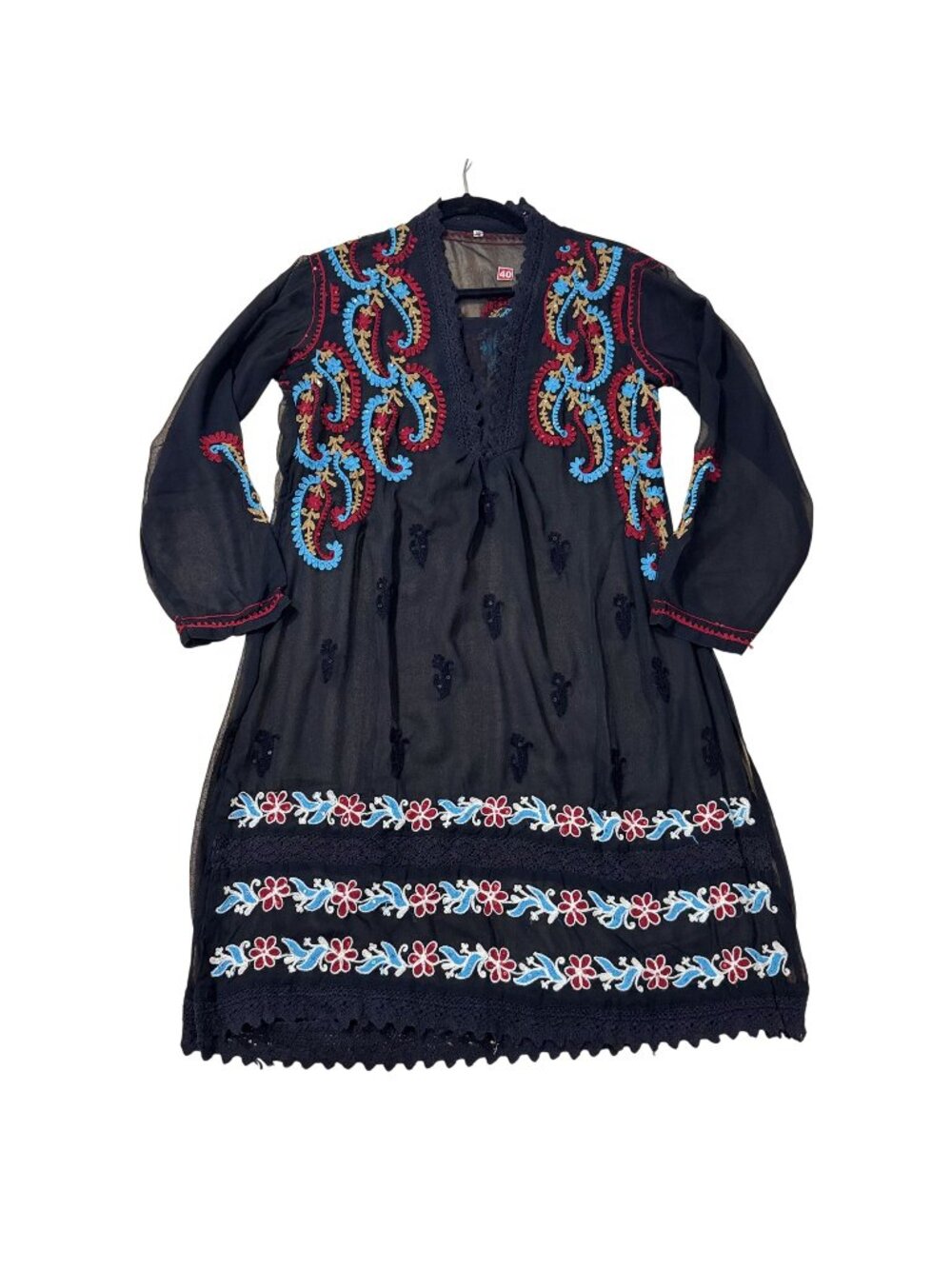 Womens Black Embroidered Boho Tunic Dress Sheer Long Sleeve Size M